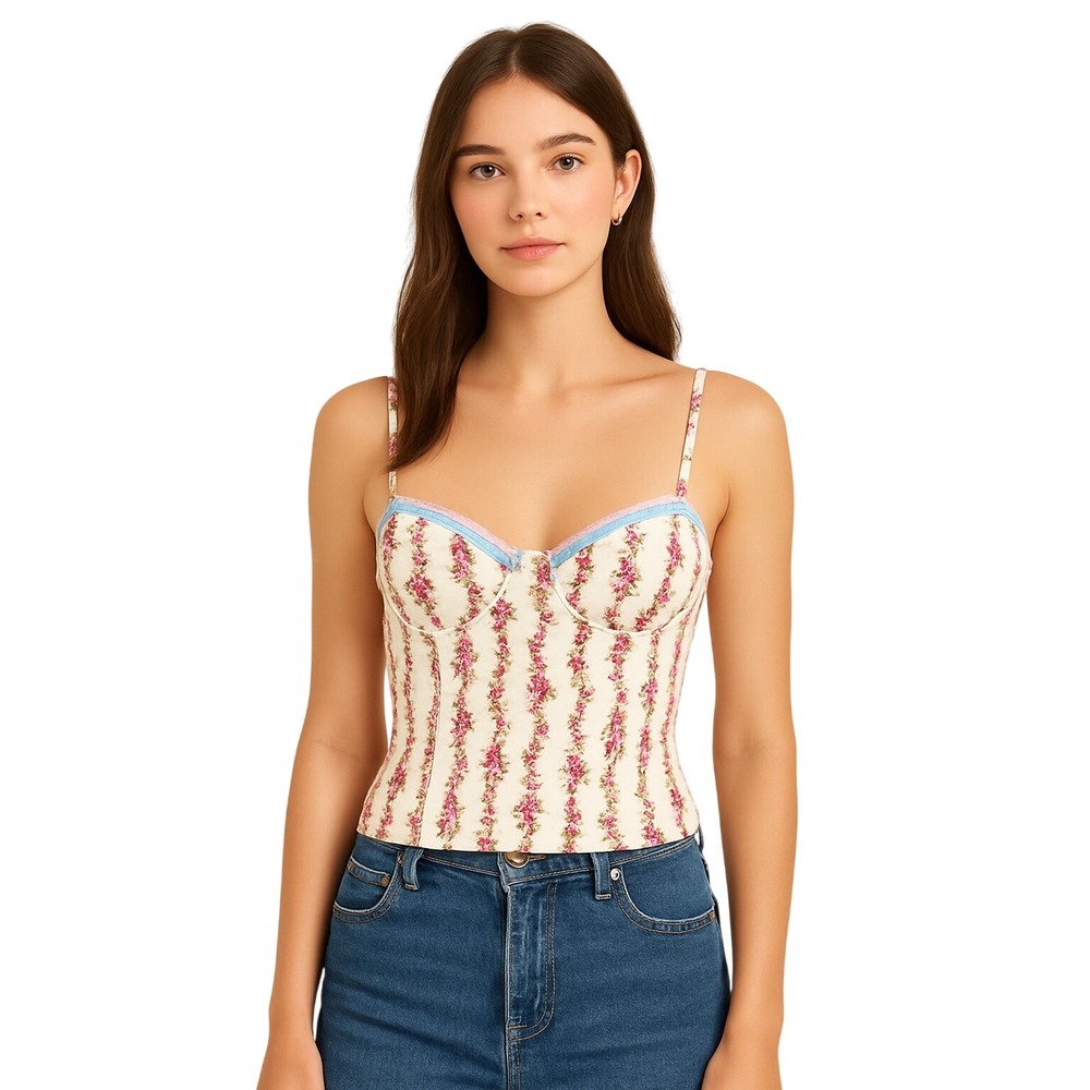 Edikted Floral Corset Top Lace-Trimmed Bustier Cami Cottagecore‎ Women's Size L